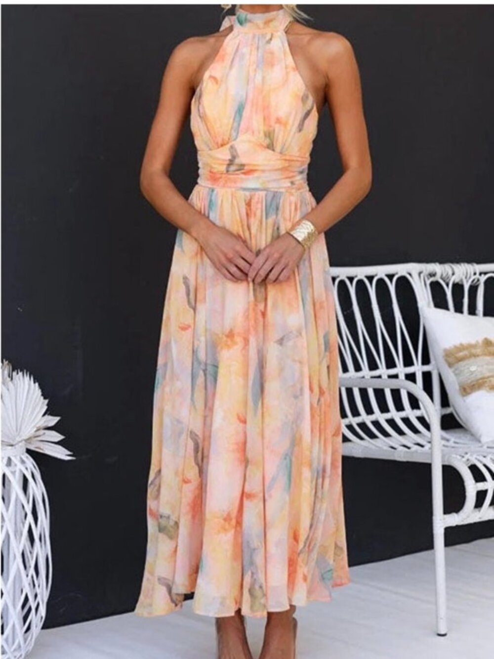 Pastel Watercolor Floral Halter Maxi Dress Medium Summer Wedding Guest